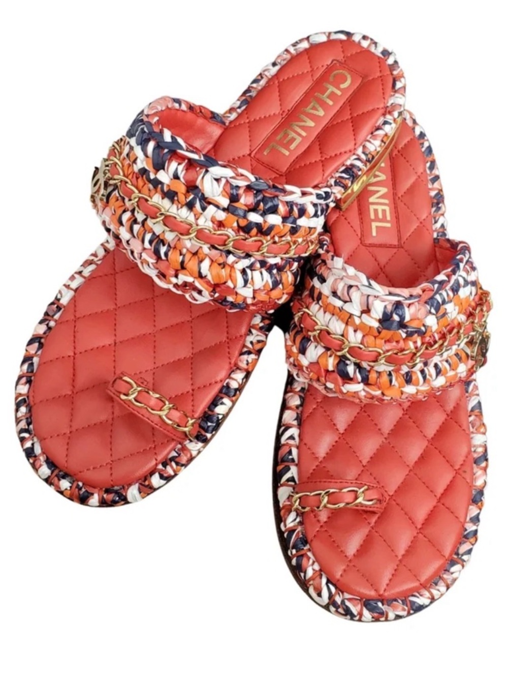 CHANEL Coral Quilted Braided Chain Slide Sandals